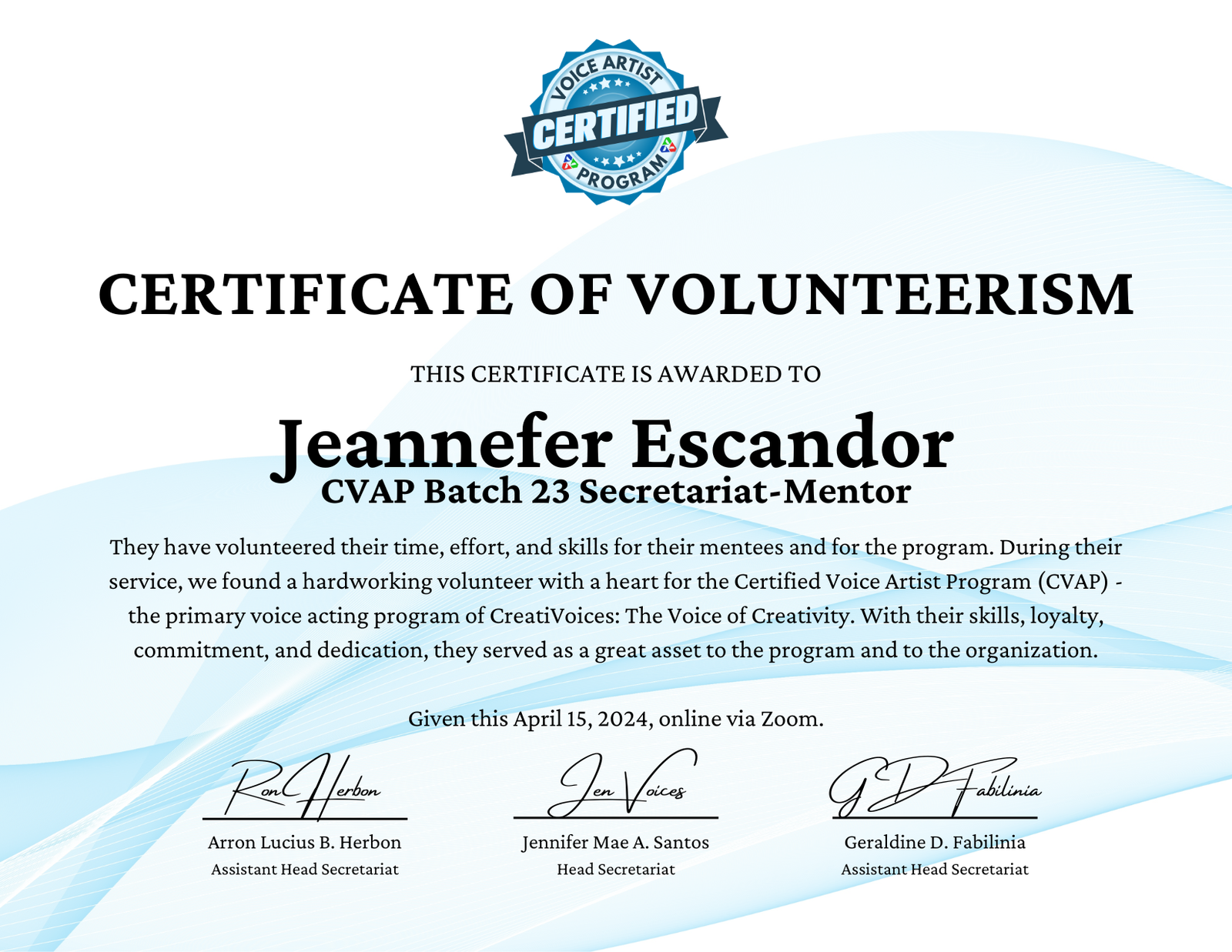 CVAP Batch 23 Secretariat - Certificate of Volunteerism